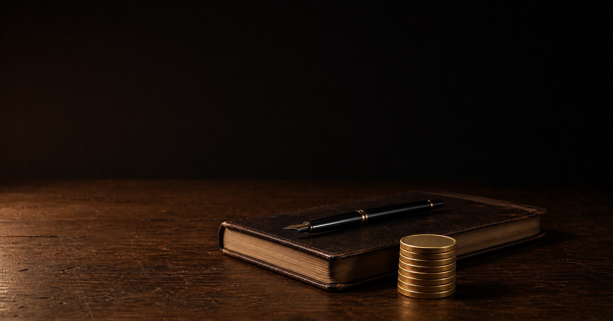 A small stack of plain gold coins beside a closed leather ledger book and a pen on a dark wooden desk, lit by a single warm lamp