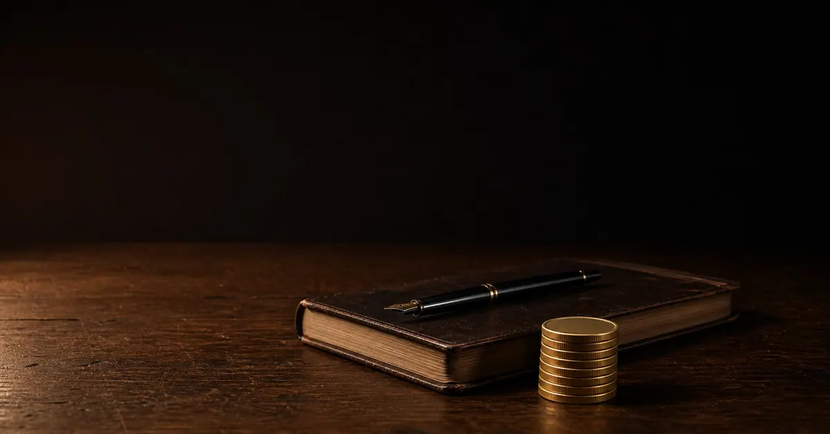 A small stack of plain gold coins beside a closed leather ledger book and a pen on a dark wooden desk, lit by a single warm lamp