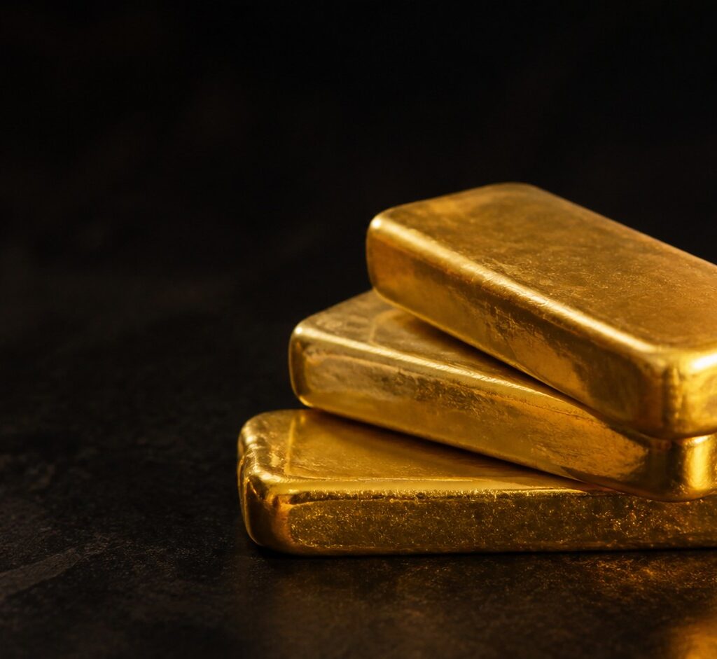 A stack of gold bullion bars on a dark surface, representing physical gold you actually own