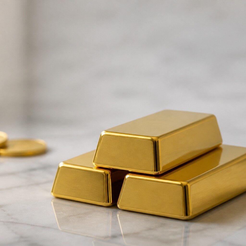 A stack of plain gold bullion bars on a marble surface with gold coins blurred in the background
