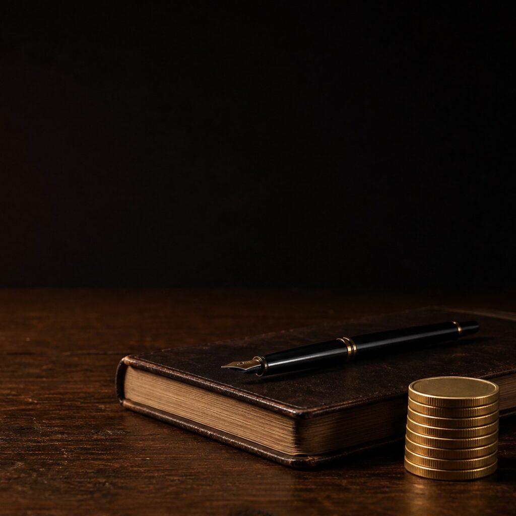 A small stack of plain gold coins beside a closed leather ledger book and a pen on a dark wooden desk, lit by a single warm lamp