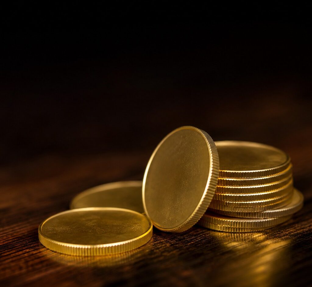 How to Spot a Bad Gold Dealer: Protecting Your Parents' Retirement 1 A small stack of gold coins on a dark wooden surface, lit from the side