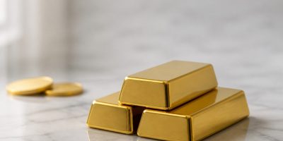 A stack of plain gold bullion bars on a marble surface with gold coins blurred in the background