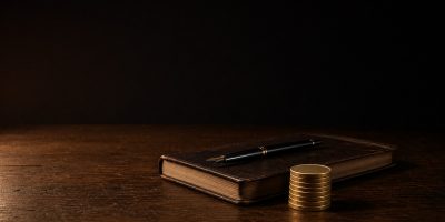 A small stack of plain gold coins beside a closed leather ledger book and a pen on a dark wooden desk, lit by a single warm lamp